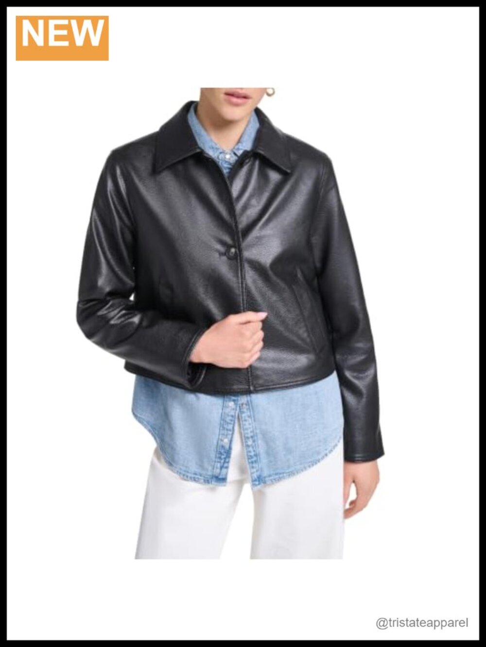 Faux Leather Cropped Button Front Jacket with Side Pockets